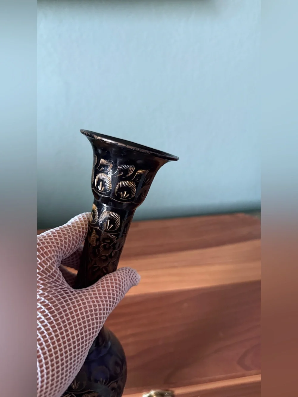 Vintage India Engraved Metal Vase Floral Etched Black Brass 11.5”